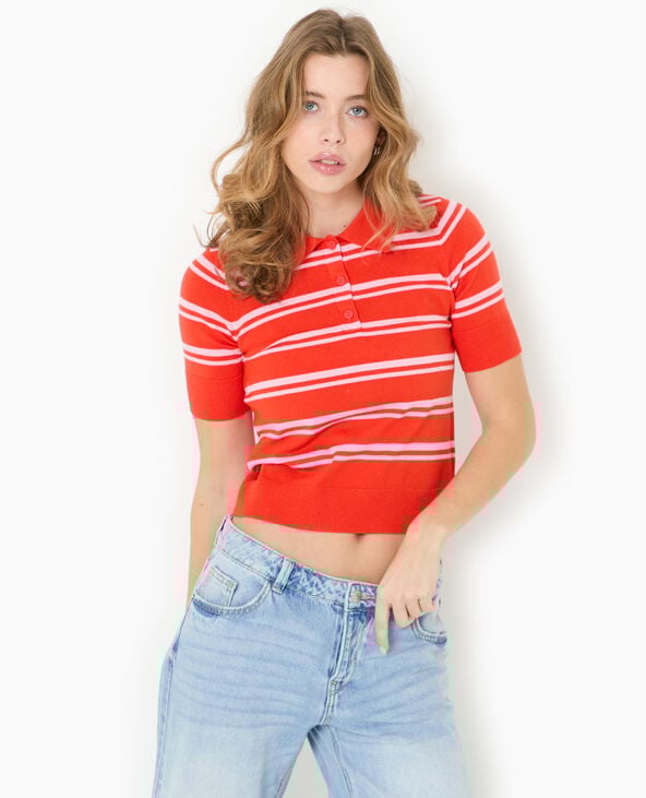 Pull manches courtes col polo motif rayures rouge - Pimkie