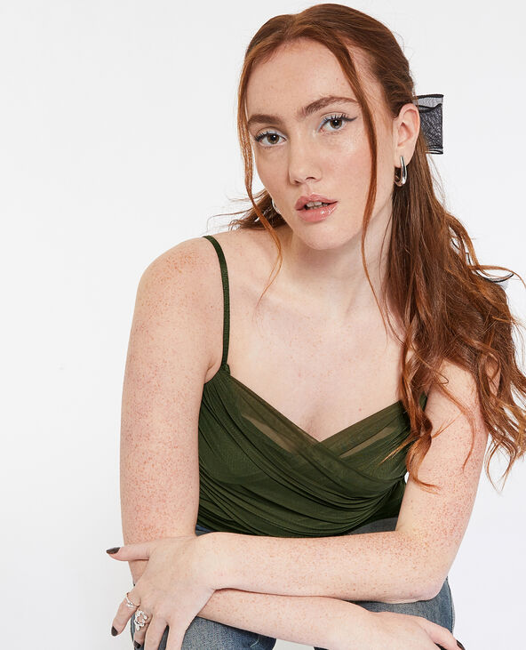 Top à bretelles avec drapé en tulle vert kaki - Pimkie