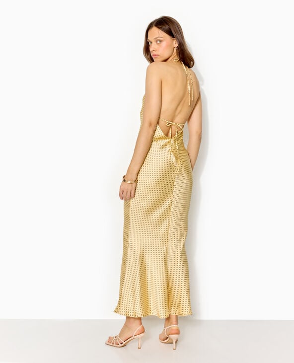 Robe longue dos-nu en satin motif pois jaune - Pimkie