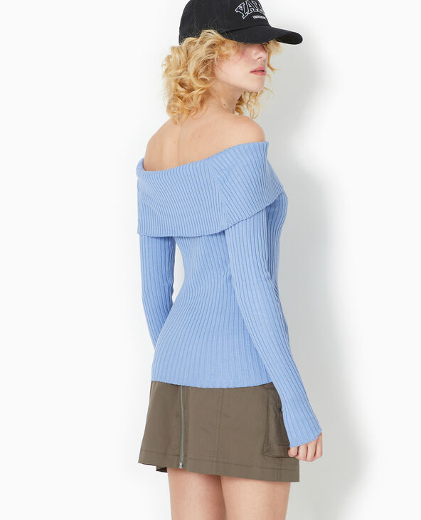 Pull maille côtelée encolure Bardot bleu - Pimkie