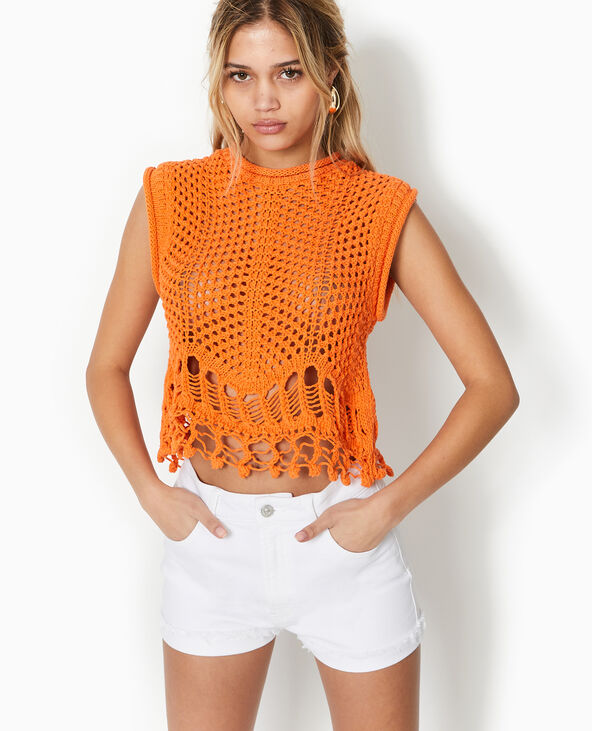 Pull sans manches en maille ajourée et fantaisie orange - Pimkie