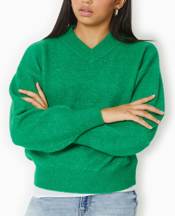 Pull col V en maille vert - Pimkie