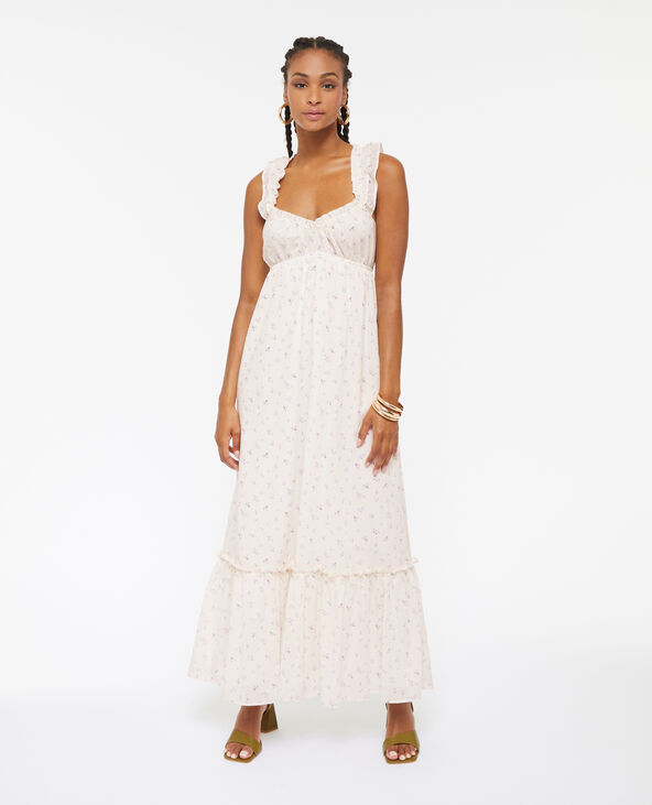 Robe longue motif fleurs avec volants blanc - Pimkie