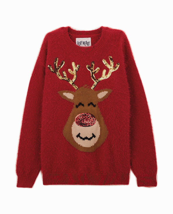 Pull de Noël avec renne en maille et sequins orange - Pimkie