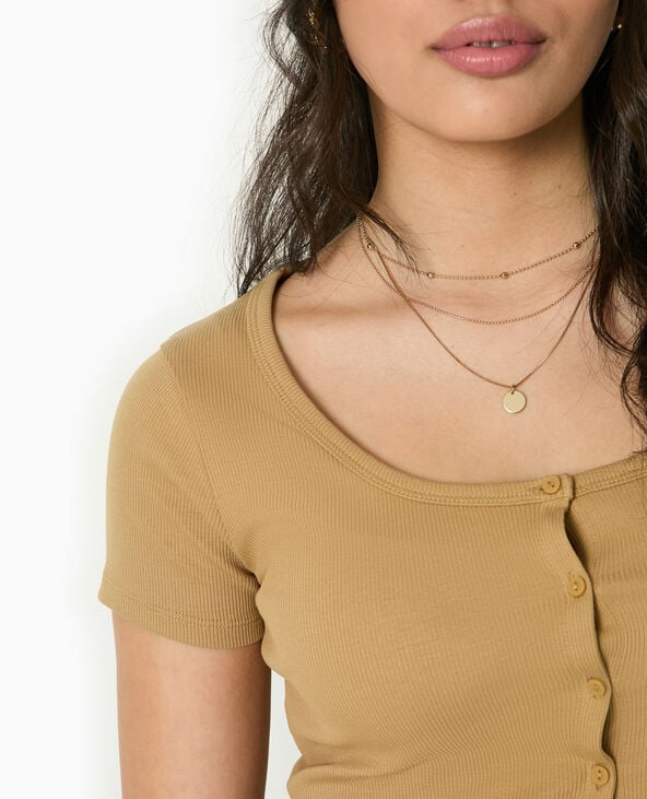 T-shirt court boutonné en maille côtelée camel - Pimkie