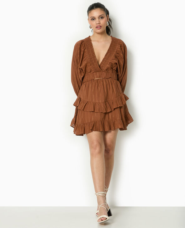 Jupe courte avec fils lurex et volants marron - Pimkie