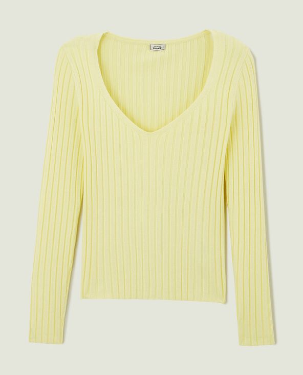 Pull col V maille côtes plates jaune - Pimkie