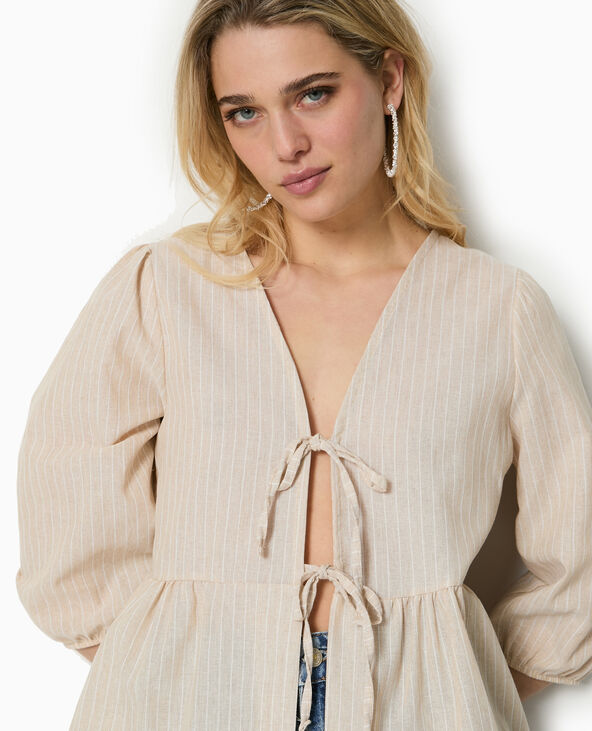 Blouse rayée avec nouettes et manches bouffantes beige - Pimkie