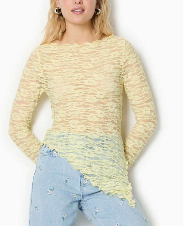 Top asymétrique dentelle manches longues Jaune pâle - Pimkie