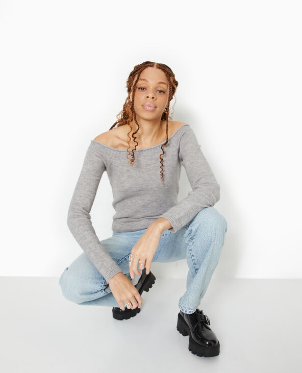 Pull ajusté encolure Bardot gris chiné - Pimkie