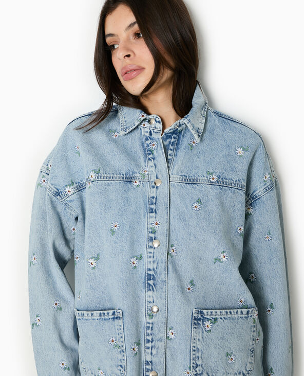 Veste droite en jean avec broderies fleurs all over bleu clair - Pimkie