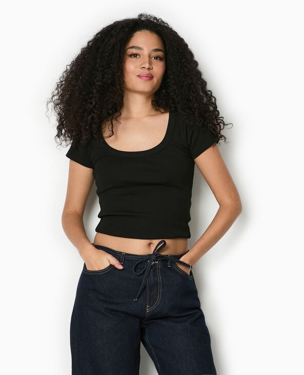 T-shirt maille côtelée grande encolure noir - Pimkie