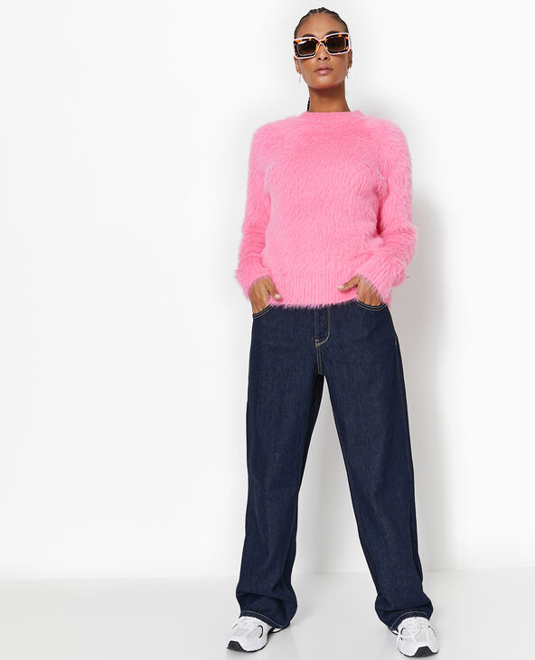 Pull col rond en maille fluffy et poilue rose - Pimkie