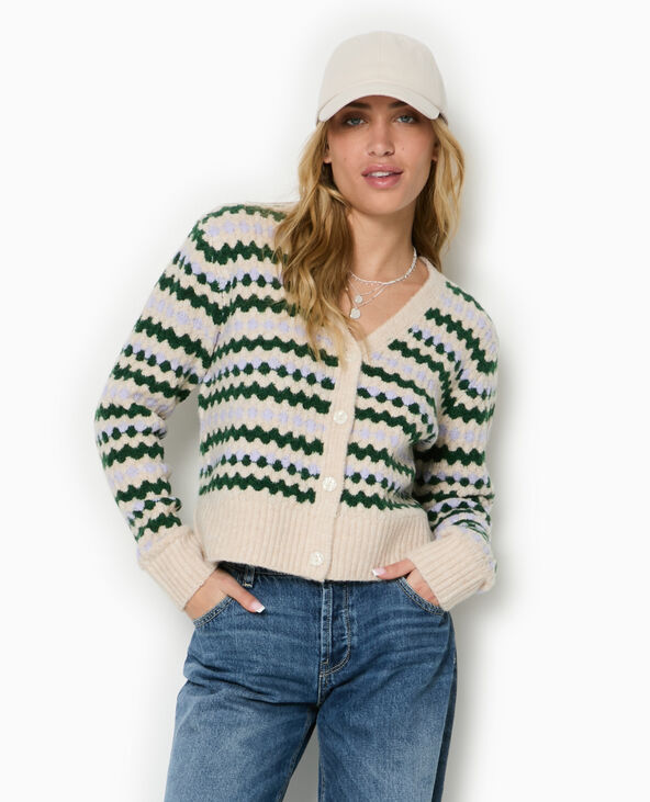 Gilet col V en maille jacquard écru - Pimkie