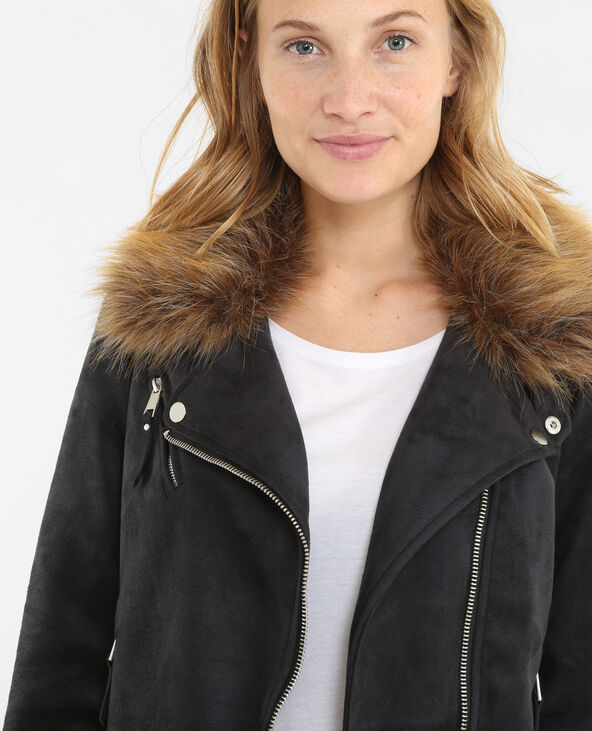 Veste suédine col fausse fourrure noir - Pimkie