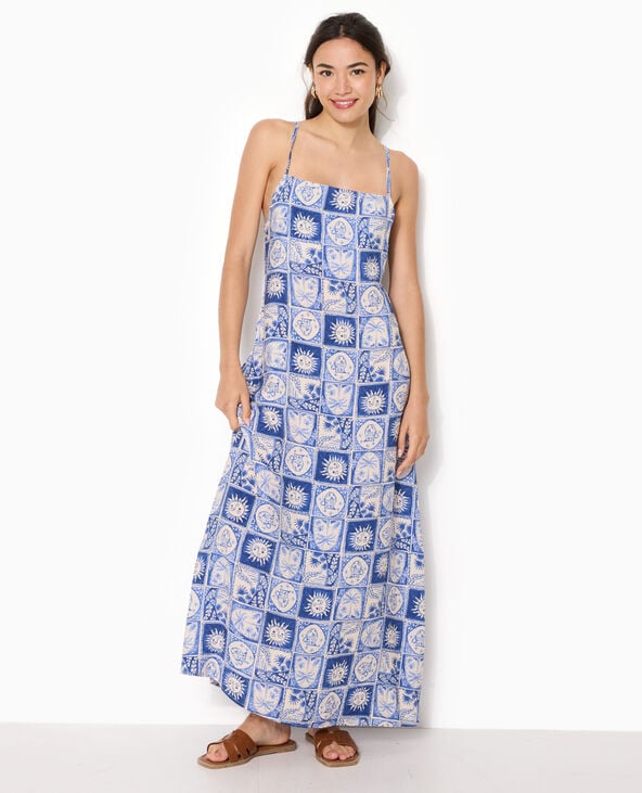 Robe longue à bretelles motif soleils et palmiers bleu - Pimkie