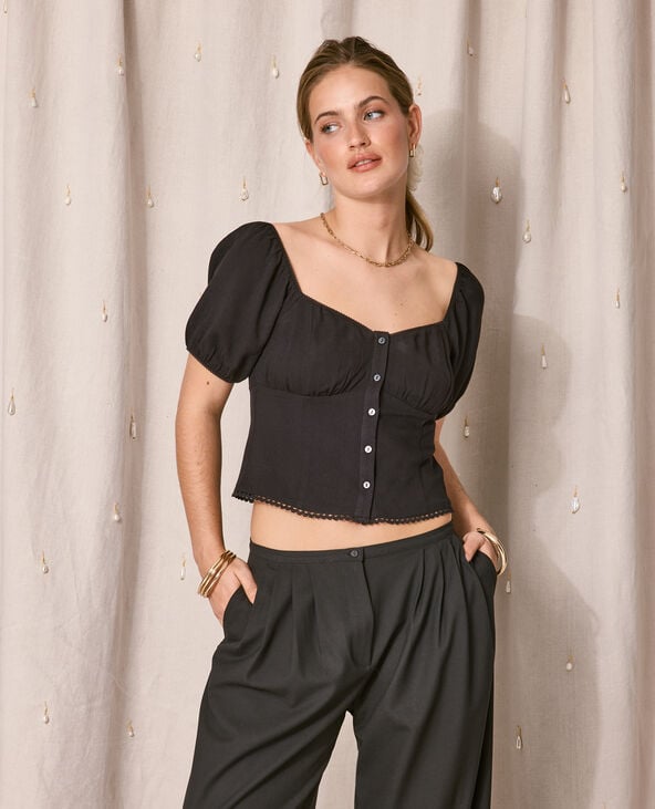 Blouse manches ballons avec finitions croquet noir - Pimkie