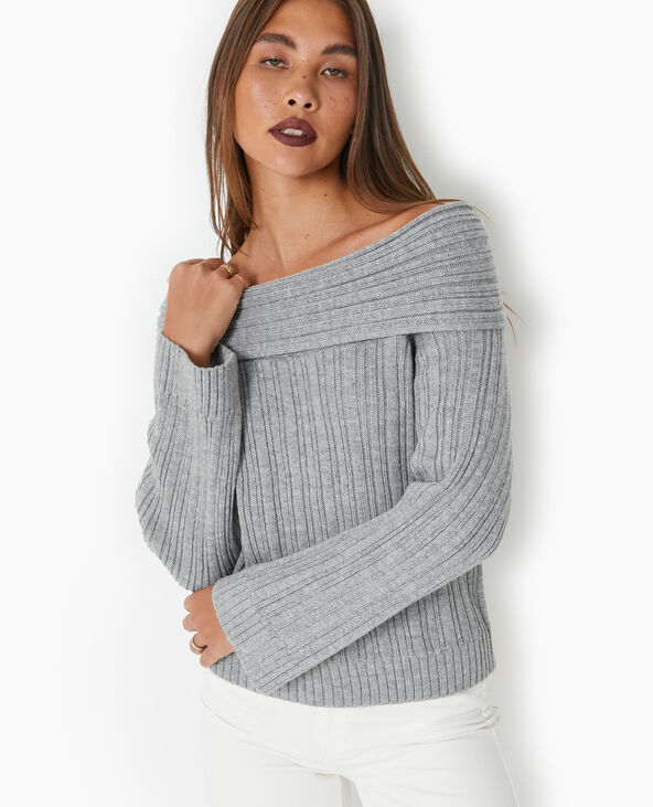 Pull en maille côtelée avec encolure Bardot gris chiné - Pimkie