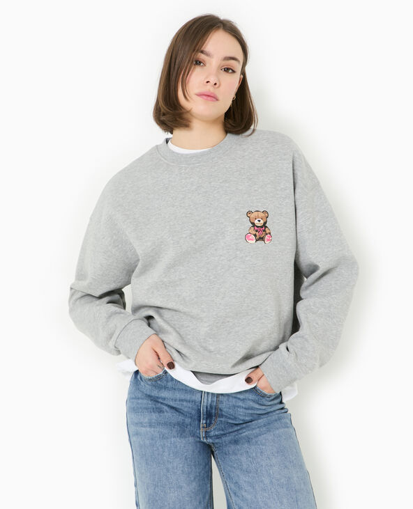 Sweat col rond avec print poitrine et dos gris chiné - Pimkie