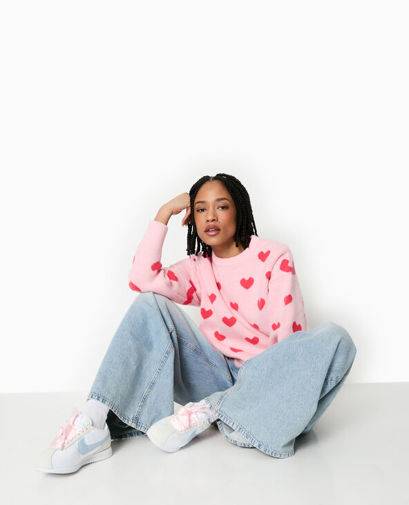 Pull col rond avec cœurs rose - Pimkie