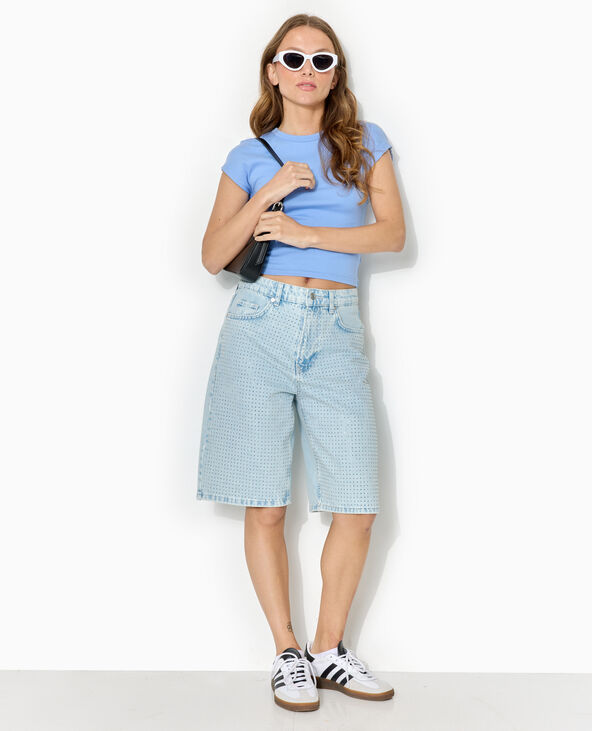 Bermuda en jean avec strass devant bleu clair - Pimkie