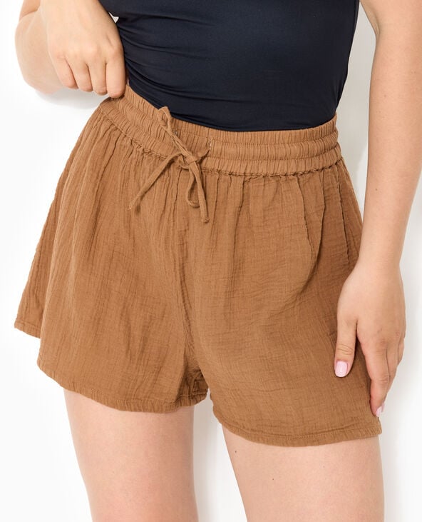 Short en gaze de coton taille élastiquée marron - Pimkie
