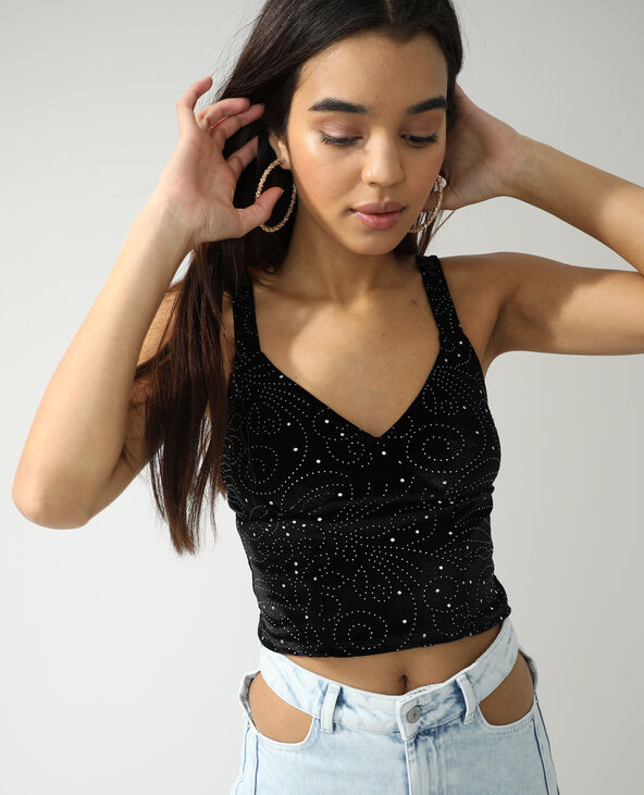 Haut avec strass en velours noir - Pimkie