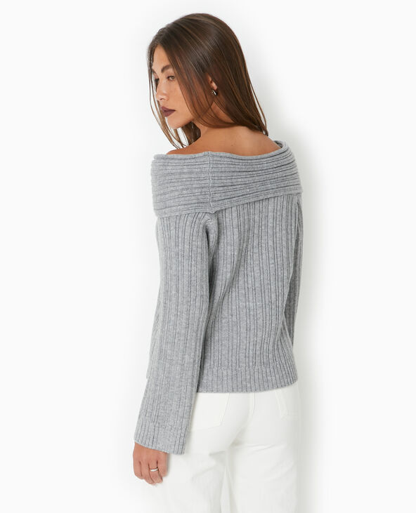 Pull en maille côtelée avec encolure Bardot gris chiné - Pimkie