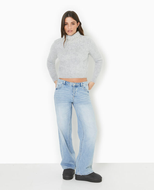 Pull en maille poilue avec perles cousues gris chiné - Pimkie