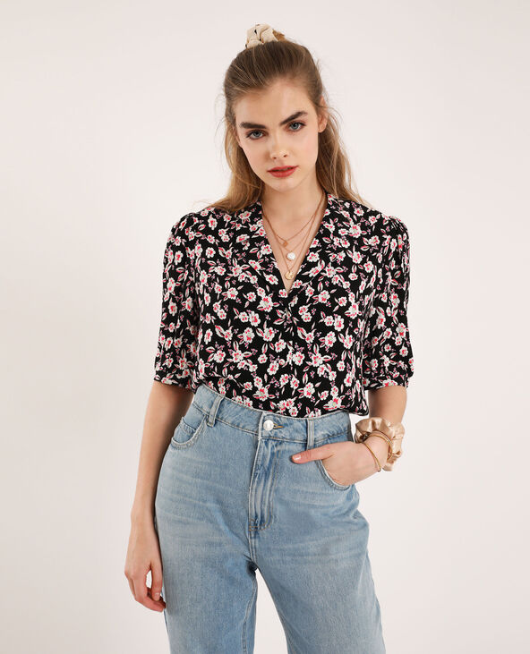 Chemise courte à fleurs noir - Pimkie