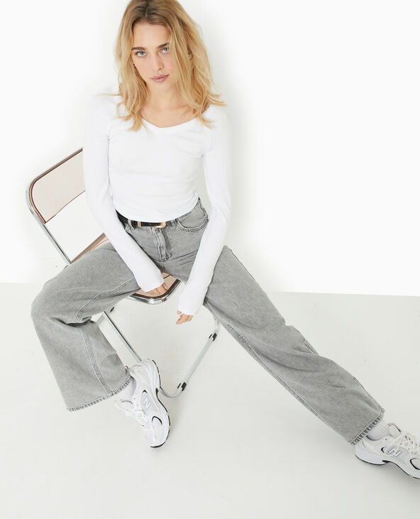 T-shirt court manches longues col V blanc - Pimkie