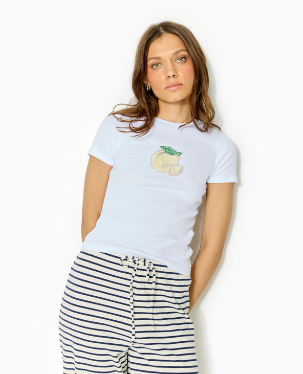 T-shirt ajusté en maille côtelée avec citron blanc - Pimkie