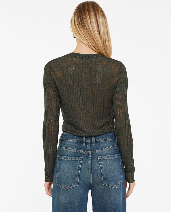 Top manches longues maille côtelée transparente vert kaki - Pimkie