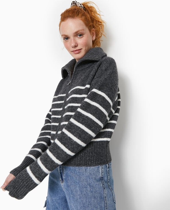 Gilet zippé rayé avec grand col maille côtelée gris foncé - Pimkie