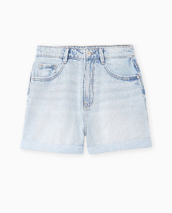 Short en jean taille haute avec strass devant bleu clair - Pimkie