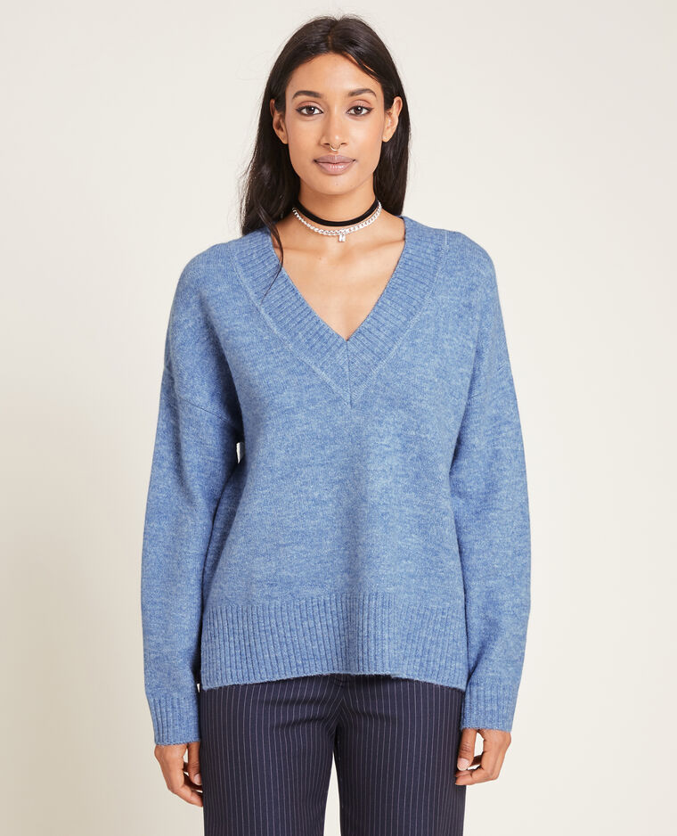 Pull grand col V bleu - Pimkie