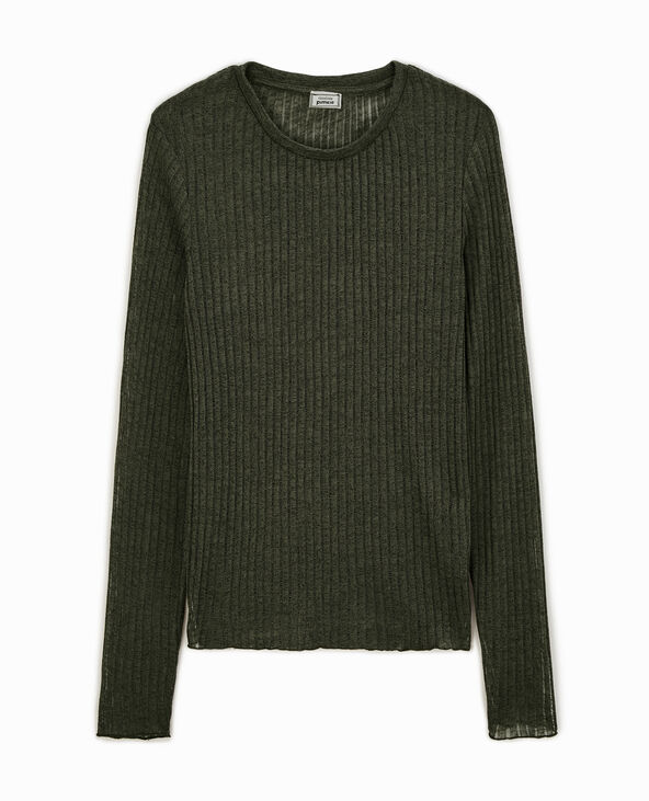 Top manches longues maille côtelée transparente vert kaki - Pimkie