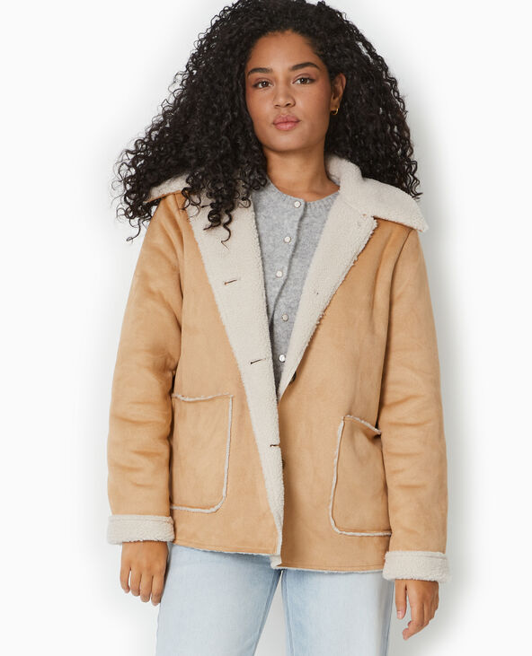 Veste droite en suédine avec doublure sherpa beige - Pimkie