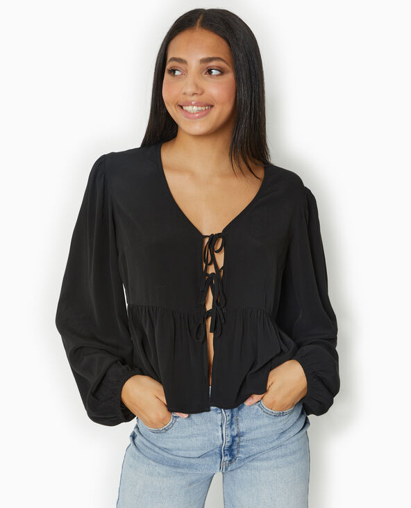 Blouse avec nouettes et manches ballons noir - Pimkie