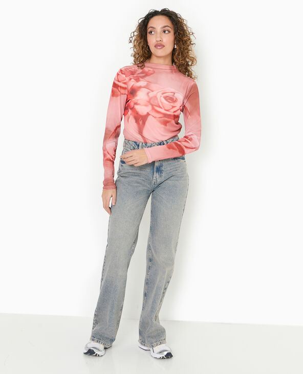 Top manches longues en résille motif roses rouge - Pimkie