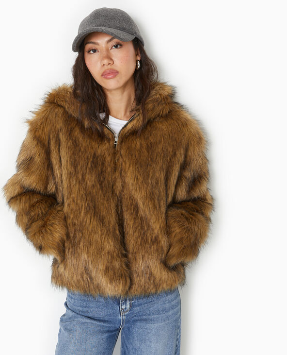 Blouson en fausse fourrure avec capuche taupe - Pimkie
