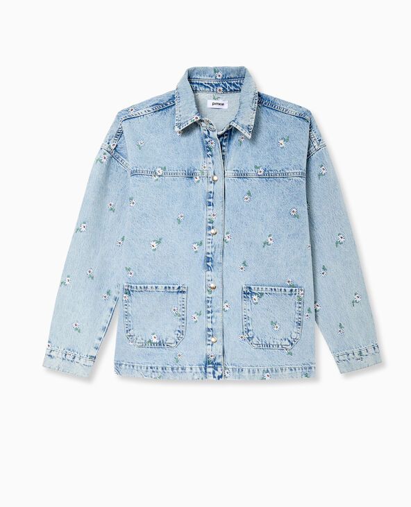 Veste droite en jean avec broderies fleurs all over bleu clair - Pimkie