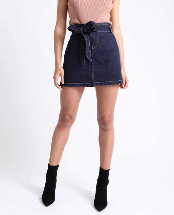 Jupe en jean avec ceinture bleu foncé - Pimkie
