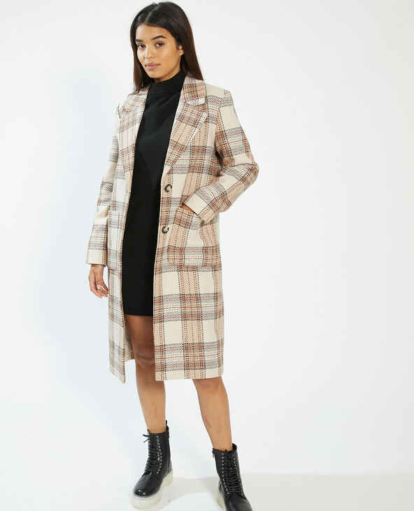 Manteau long à carreaux taupe - Pimkie