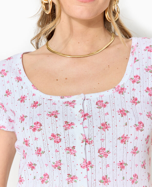 T-shirt boutonné en maille pointelle motif fleurs écru - Pimkie