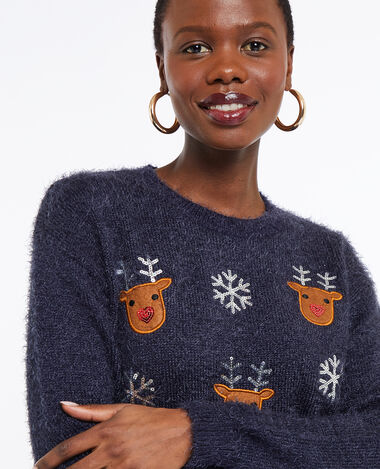 Pull de Noël avec rennes et flocons bleu marine - Pimkie