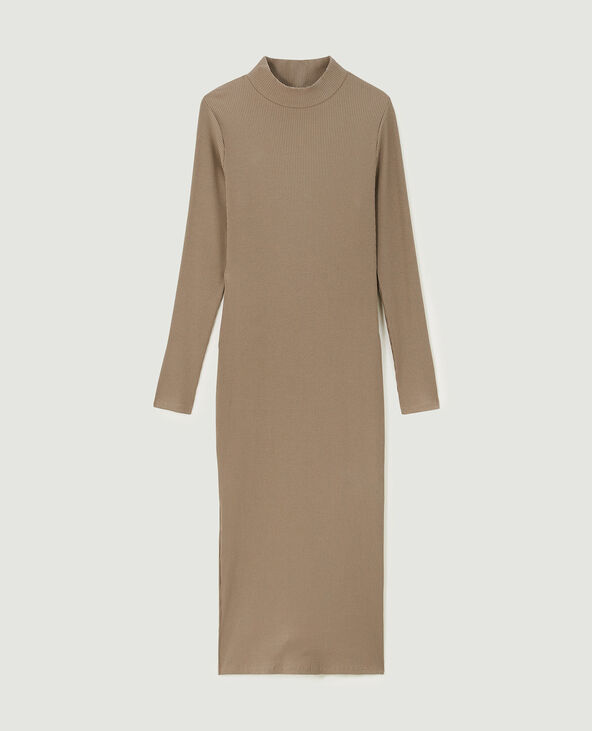 Robe midi moulante en maille côtelée taupe - Pimkie