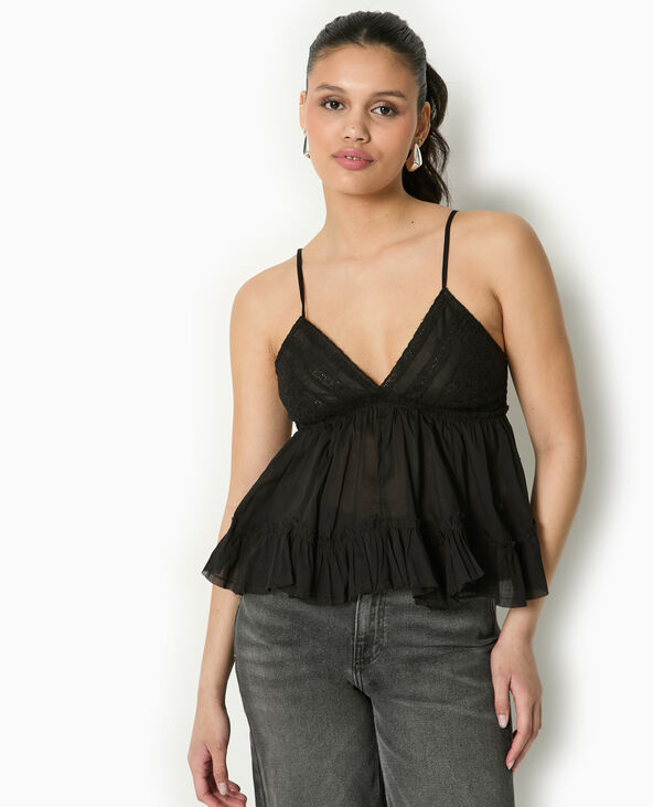 Top à bretelles avec dentelle et volants noir - Pimkie
