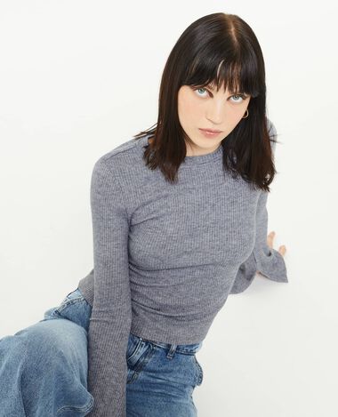 Pull fin en maille côtelée col rond gris - Pimkie