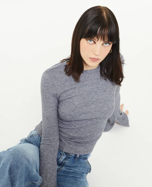 Pull fin en maille côtelée col rond gris - Pimkie
